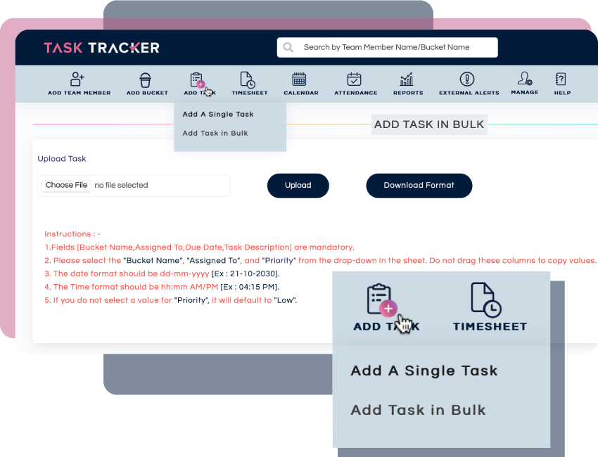 A screenshot of a Bulk Task Upload from Task Tracker Dashboard